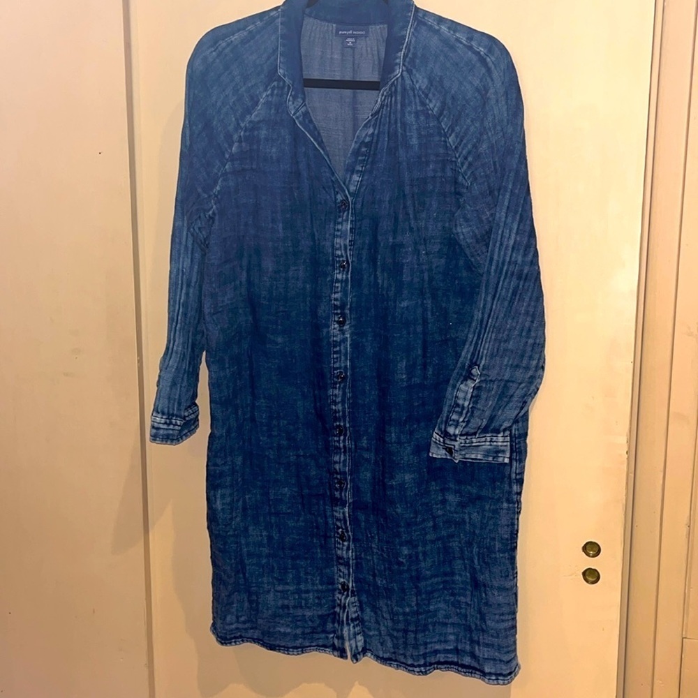 pureJill indigo long sleeve button down sheath midi dress size medium petite
